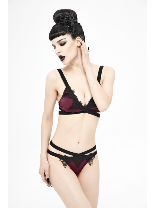 Black Lace Cross Strap Burgundy Gothic Swimsuit Set