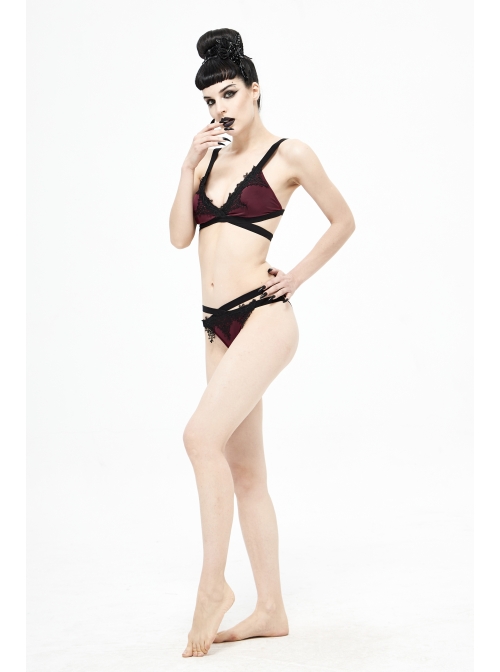 Black Lace Cross Strap Burgundy Gothic Swimsuit Set