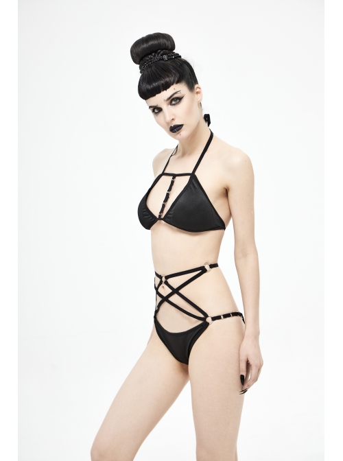 Four-Pointed Star Straps Black Punk Bikini Swimsuit Suit