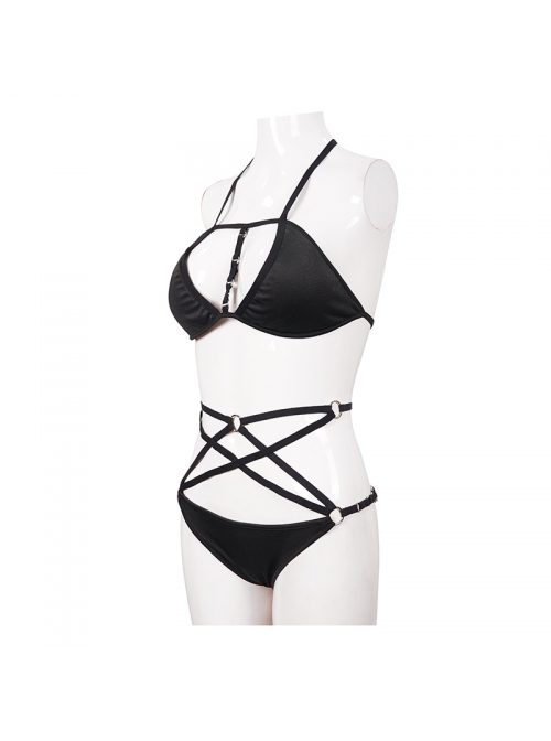Four-Pointed Star Straps Black Punk Bikini Swimsuit Suit