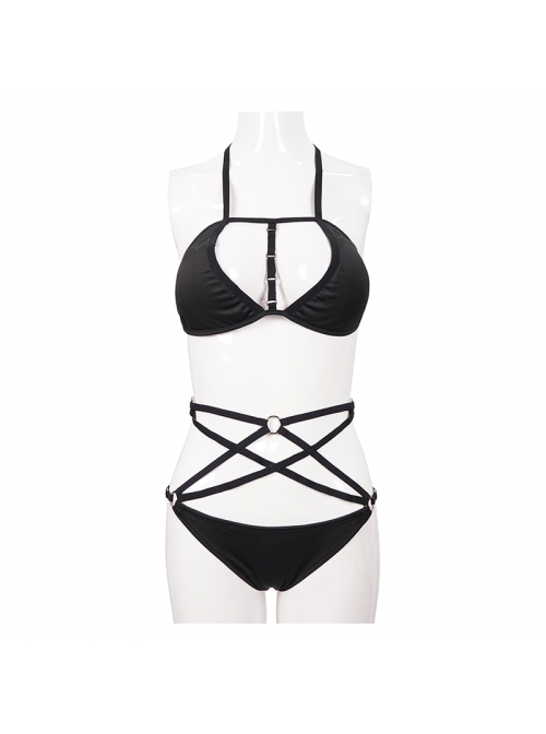 Four-Pointed Star Straps Black Punk Bikini Swimsuit Suit