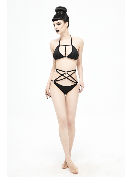 Four-Pointed Star Straps Black Punk Bikini Swimsuit Suit