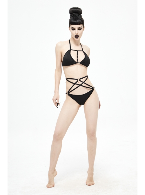 Four-Pointed Star Straps Black Punk Bikini Swimsuit Suit