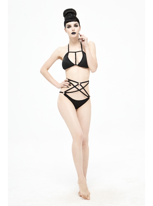 Four-Pointed Star Straps Black Punk Bikini Swimsuit Suit