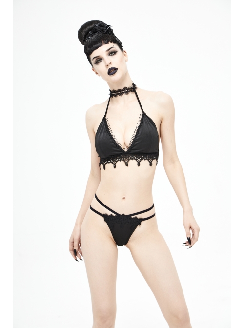 Black Gothic Lace Collar Lace-Up Bikini Swimsuit Suit