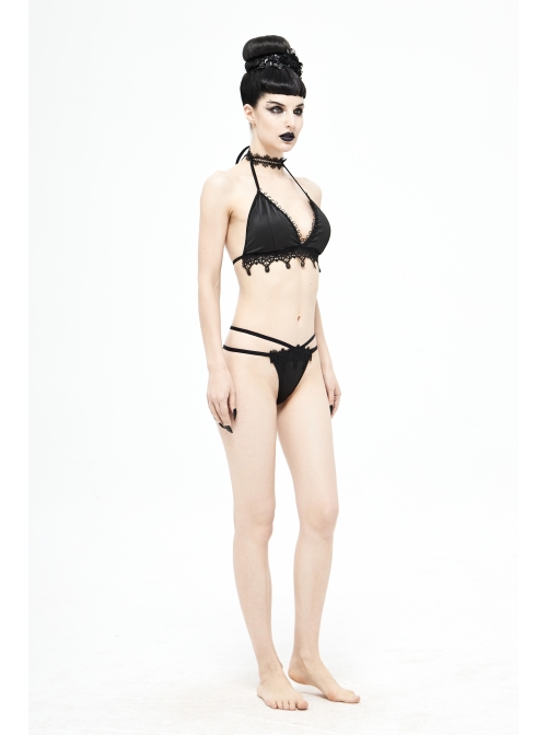 Black Gothic Lace Collar Lace-Up Bikini Swimsuit Suit