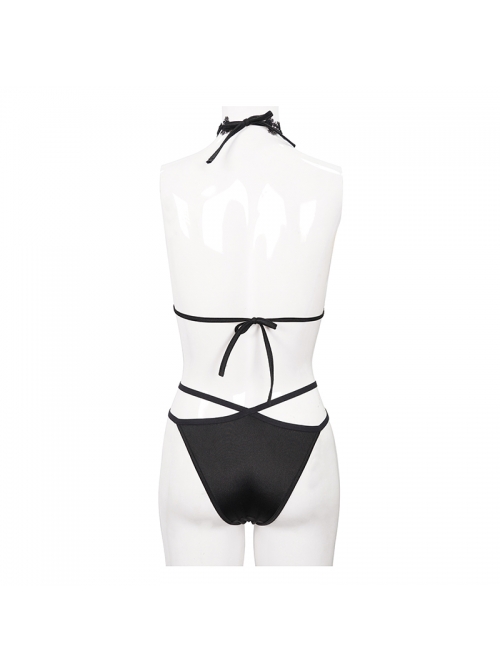 Black Gothic Lace Collar Lace-Up Bikini Swimsuit Suit