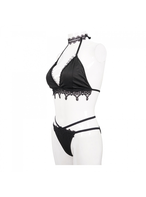 Black Gothic Lace Collar Lace-Up Bikini Swimsuit Suit