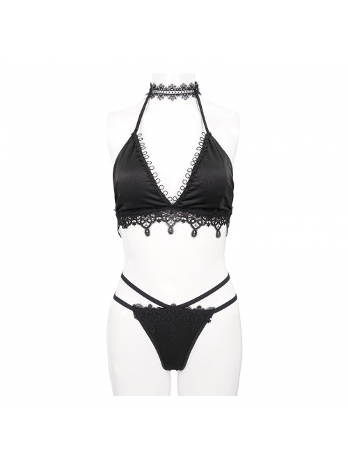 Black Gothic Lace Collar Lace-Up Bikini Swimsuit Suit