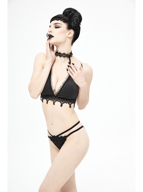 Black Gothic Lace Collar Lace-Up Bikini Swimsuit Suit