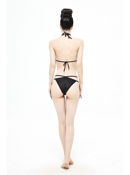 Black Gothic Lace Collar Lace-Up Bikini Swimsuit Suit