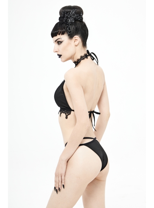 Black Gothic Lace Collar Lace-Up Bikini Swimsuit Suit