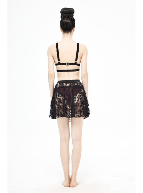 Rose Lace Mesh A-Line Black Gothic Swimsuit Skirt