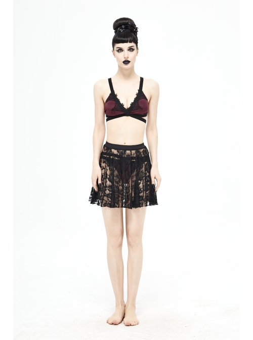 Rose Lace Mesh A-Line Black Gothic Swimsuit Skirt
