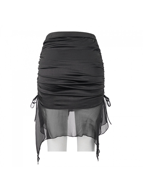 Translucent Chiffon Lace Hem Side Lace-Up Cover Hip Black Gothic Swimsuit Fishtail Skirt