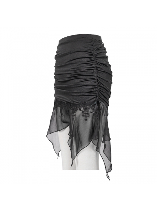 Translucent Chiffon Lace Hem Side Lace-Up Cover Hip Black Gothic Swimsuit Fishtail Skirt