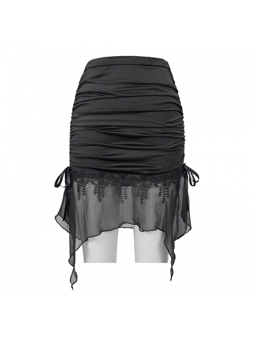 Translucent Chiffon Lace Hem Side Lace-Up Cover Hip Black Gothic Swimsuit Fishtail Skirt