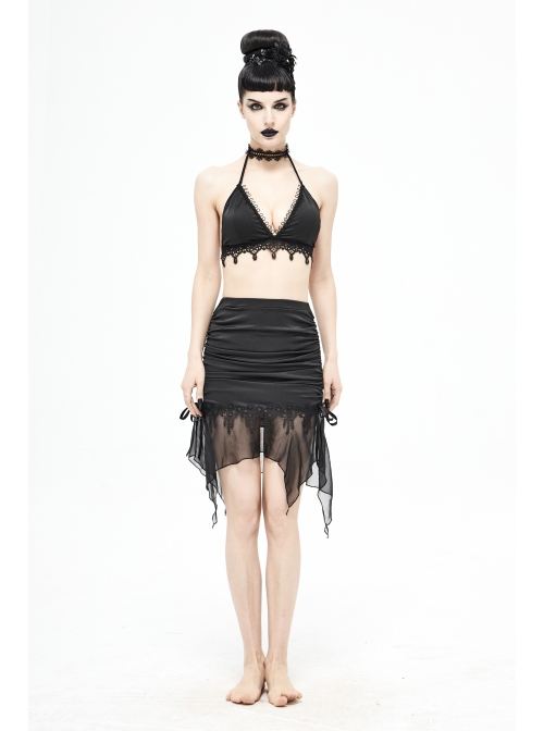 Translucent Chiffon Lace Hem Side Lace-Up Cover Hip Black Gothic Swimsuit Fishtail Skirt