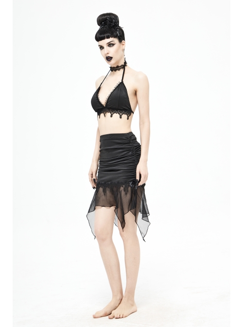Translucent Chiffon Lace Hem Side Lace-Up Cover Hip Black Gothic Swimsuit Fishtail Skirt