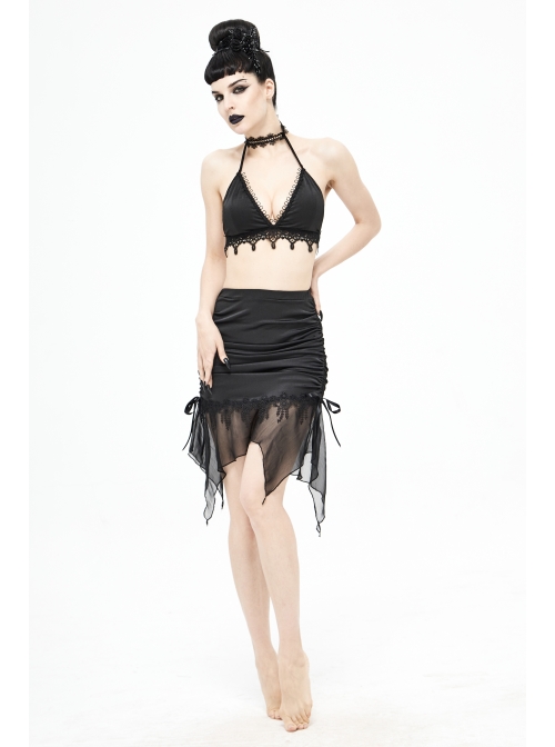 Translucent Chiffon Lace Hem Side Lace-Up Cover Hip Black Gothic Swimsuit Fishtail Skirt