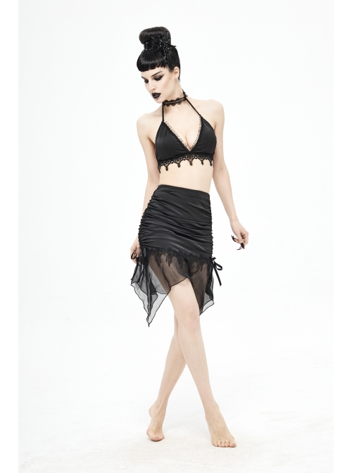Translucent Chiffon Lace Hem Side Lace-Up Cover Hip Black Gothic Swimsuit Fishtail Skirt