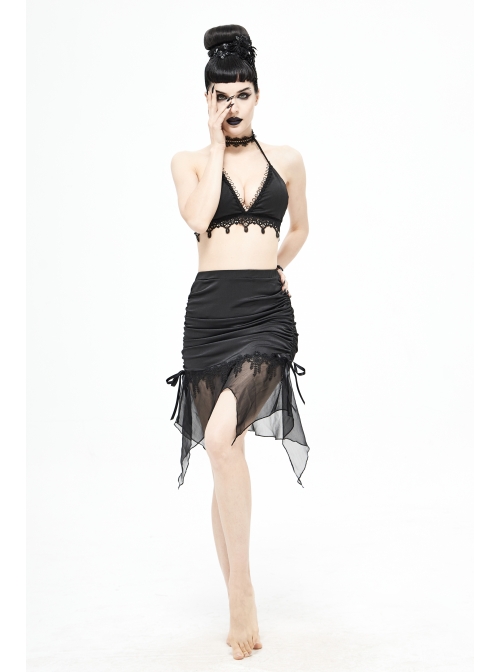 Translucent Chiffon Lace Hem Side Lace-Up Cover Hip Black Gothic Swimsuit Fishtail Skirt