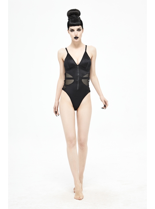 Waist Strap Splice Mesh Backless Black Punk One-Piece Swimsuit