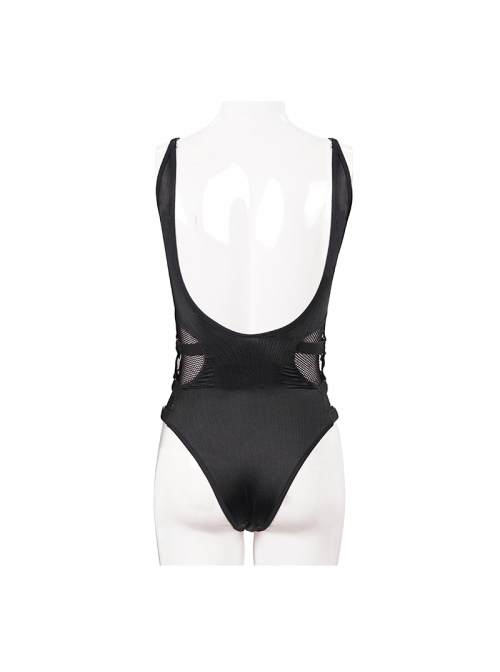 Waist Strap Splice Mesh Backless Black Punk One-Piece Swimsuit