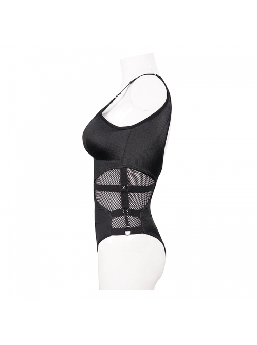 Waist Strap Splice Mesh Backless Black Punk One-Piece Swimsuit