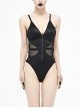 Waist Strap Splice Mesh Backless Black Punk One-Piece Swimsuit