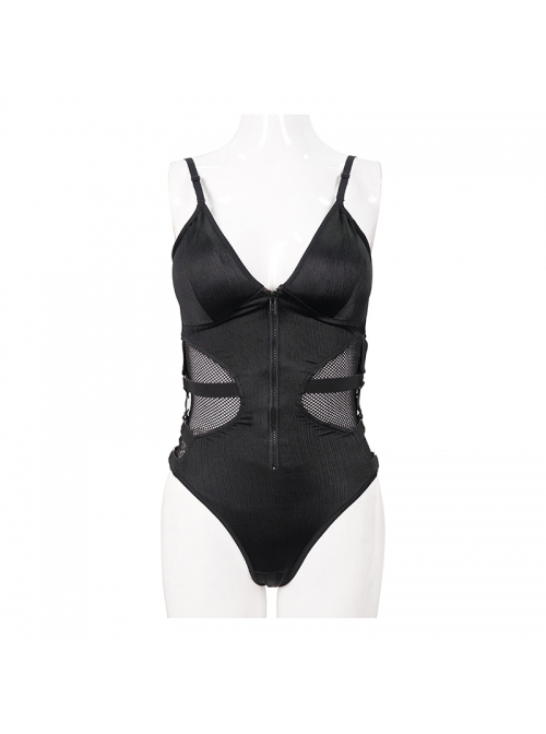 Waist Strap Splice Mesh Backless Black Punk One-Piece Swimsuit