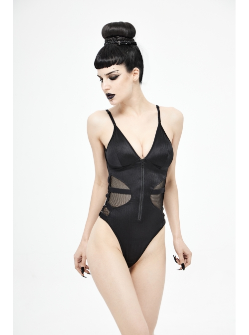 Waist Strap Splice Mesh Backless Black Punk One-Piece Swimsuit