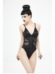 Waist Strap Splice Mesh Backless Black Punk One-Piece Swimsuit