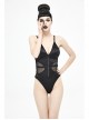 Waist Strap Splice Mesh Backless Black Punk One-Piece Swimsuit