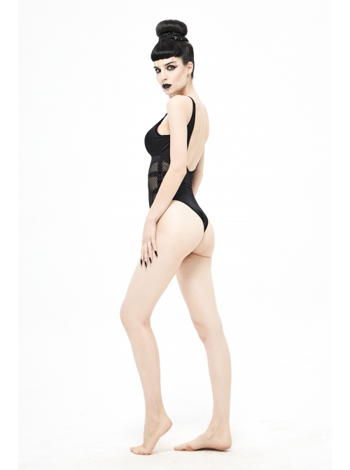 Waist Strap Splice Mesh Backless Black Punk One-Piece Swimsuit