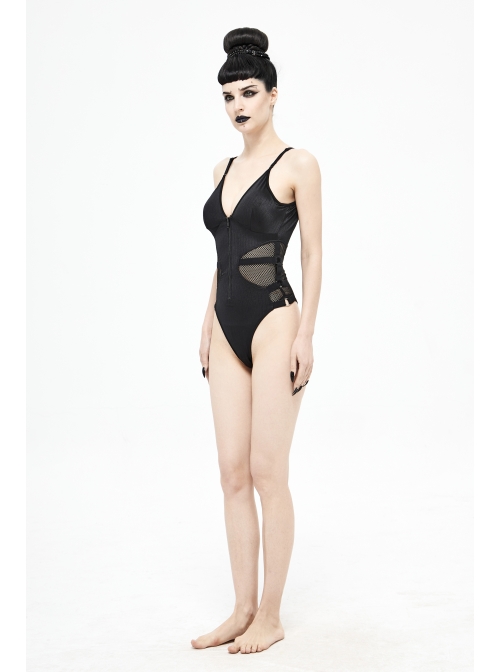 Waist Strap Splice Mesh Backless Black Punk One-Piece Swimsuit