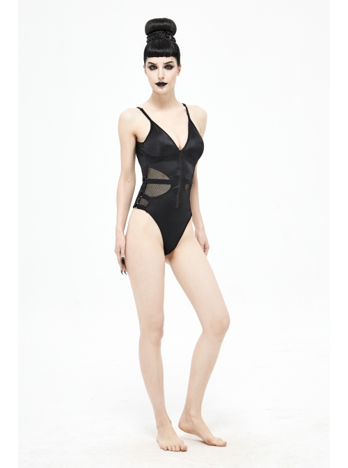 Waist Strap Splice Mesh Backless Black Punk One-Piece Swimsuit