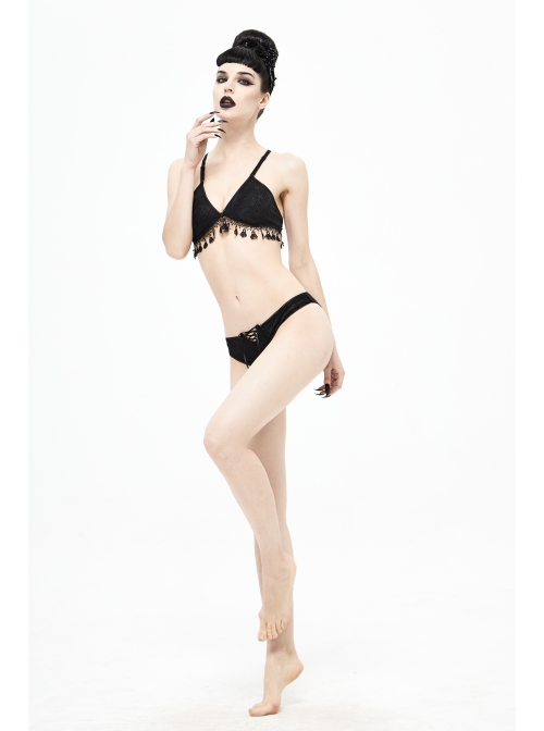 Dark-Grain Jacquard Tassel Lace-Up Black Gothic Swimsuit Set