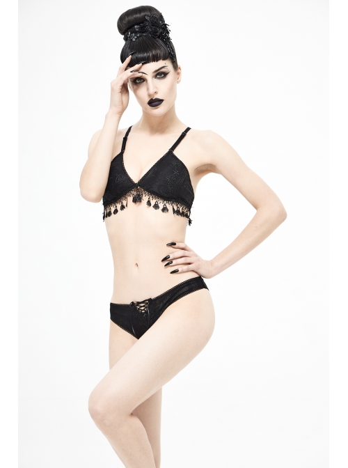 Dark-Grain Jacquard Tassel Lace-Up Black Gothic Swimsuit Set