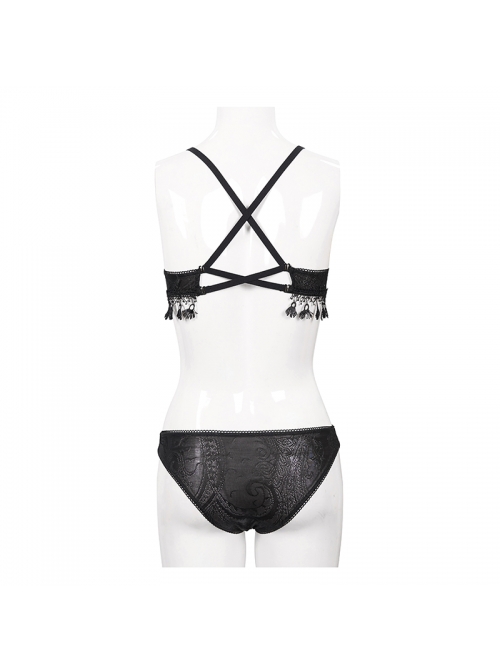 Dark-Grain Jacquard Tassel Lace-Up Black Gothic Swimsuit Set