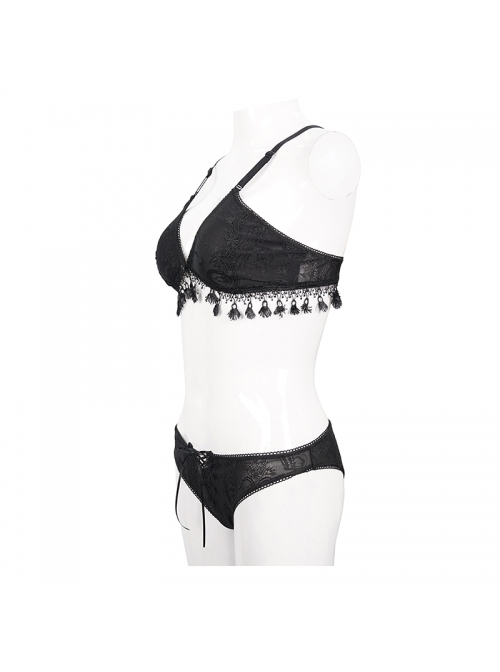 Dark-Grain Jacquard Tassel Lace-Up Black Gothic Swimsuit Set
