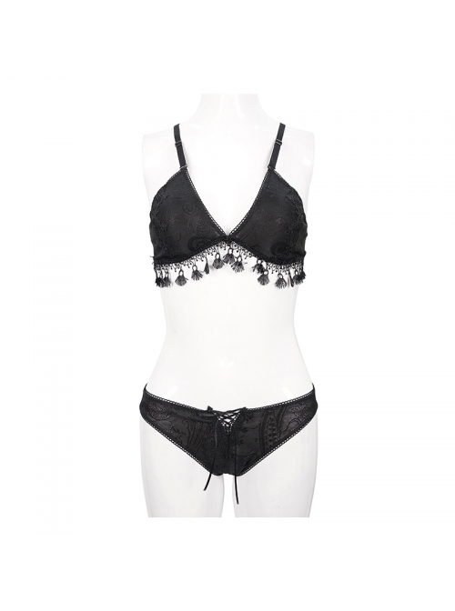 Dark-Grain Jacquard Tassel Lace-Up Black Gothic Swimsuit Set
