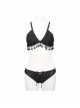 Dark-Grain Jacquard Tassel Lace-Up Black Gothic Swimsuit Set