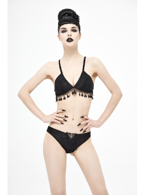 Dark-Grain Jacquard Tassel Lace-Up Black Gothic Swimsuit Set