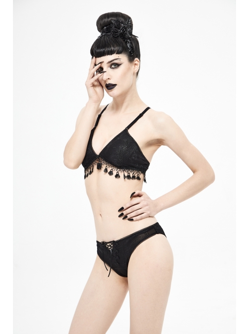 Dark-Grain Jacquard Tassel Lace-Up Black Gothic Swimsuit Set
