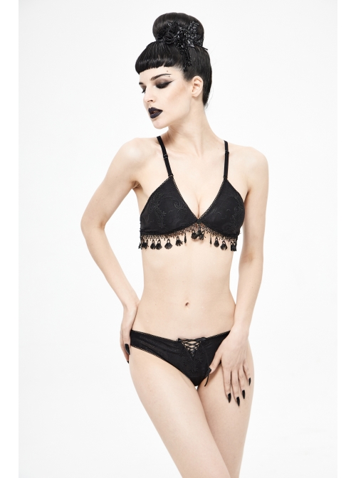 Dark-Grain Jacquard Tassel Lace-Up Black Gothic Swimsuit Set