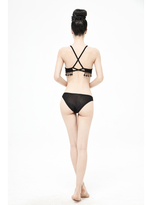 Dark-Grain Jacquard Tassel Lace-Up Black Gothic Swimsuit Set
