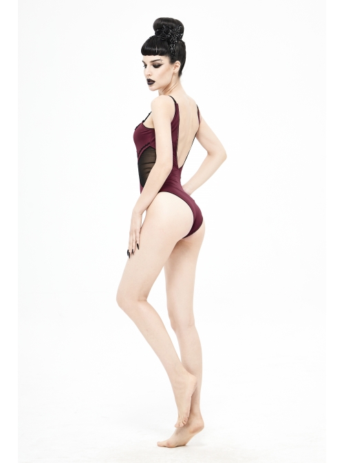 Chest Hand-Cranked Waist Splice Mesh Lace-Up Wine Red Gothic One-Piece Swimsuit