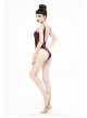 Chest Hand-Cranked Waist Splice Mesh Lace-Up Wine Red Gothic One-Piece Swimsuit