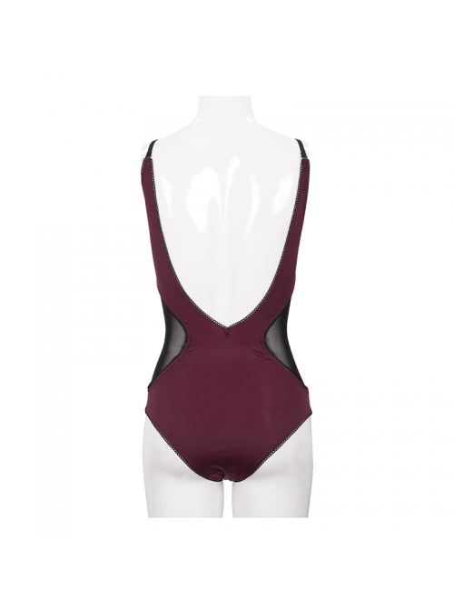 Chest Hand-Cranked Waist Splice Mesh Lace-Up Wine Red Gothic One-Piece Swimsuit
